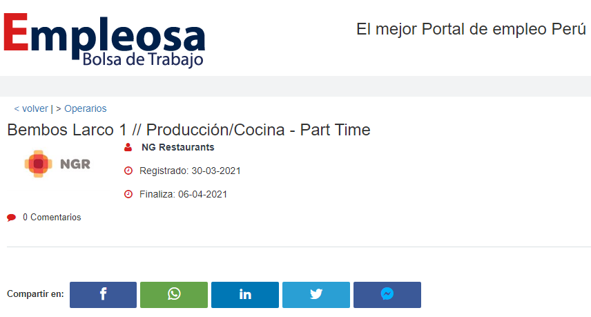 Bembos Larco 1 // Producción/Cocina - Part Time