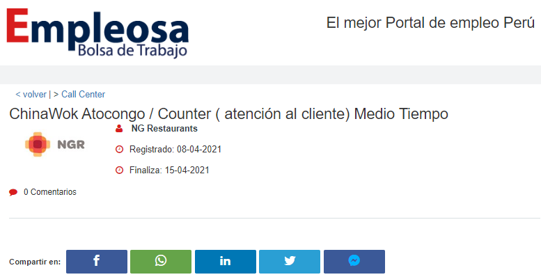 ChinaWok Atocongo / Counter ( atención al cliente) Medio Tiempo