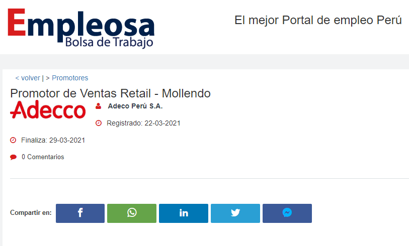 Promotor de Ventas Retail - Mollendo