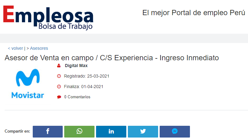 Asesor de Venta en campo / C/S Experiencia - Ingreso Inmediato