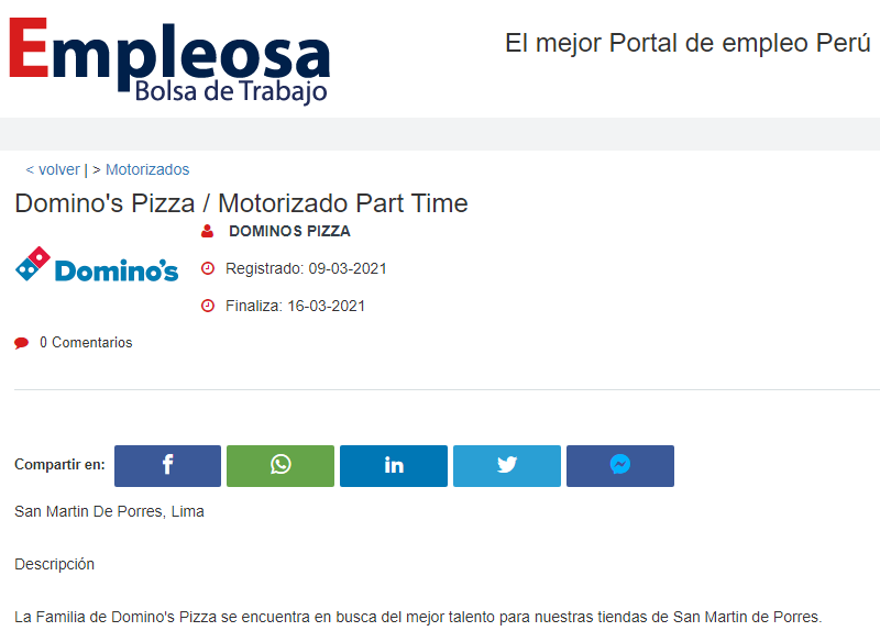 Domino's Pizza / Motorizado Part Time