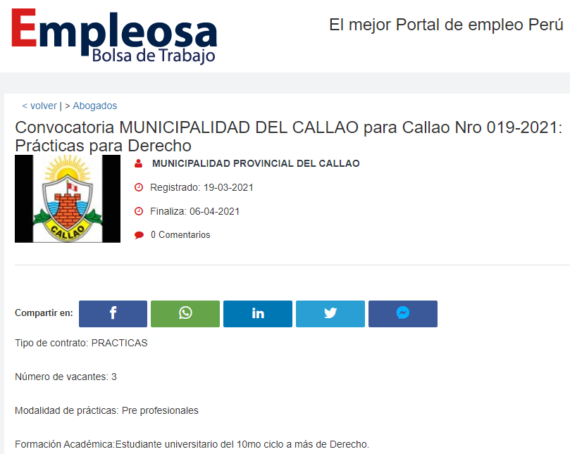 Convocatoria MUNICIPALIDAD DEL CALLAO para Callao Nro 019-2021: Prácticas para Derecho