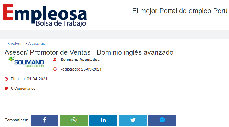 Asesor/ Promotor de Ventas - Dominio inglés avanzado