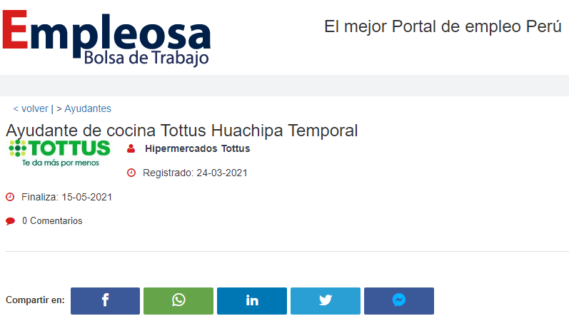 Ayudante de cocina Tottus Huachipa Temporal