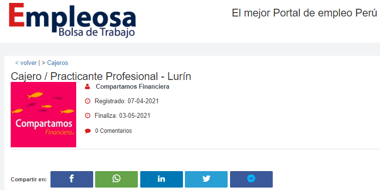 Cajero / Practicante Profesional - Lurín