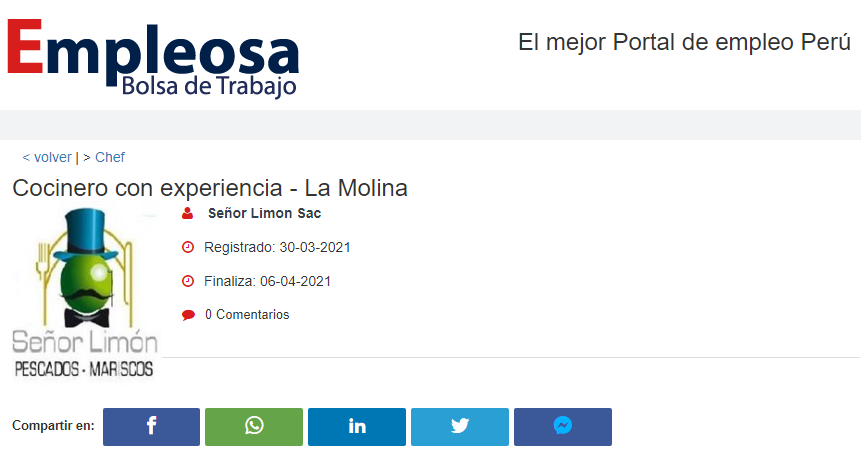 Cocinero con experiencia - La Molina