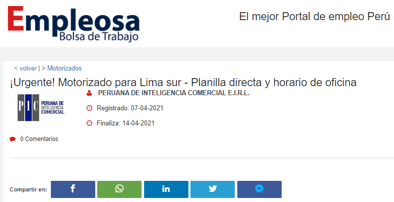 ¡Urgente! Motorizado para Lima sur - Planilla directa y horario de oficina