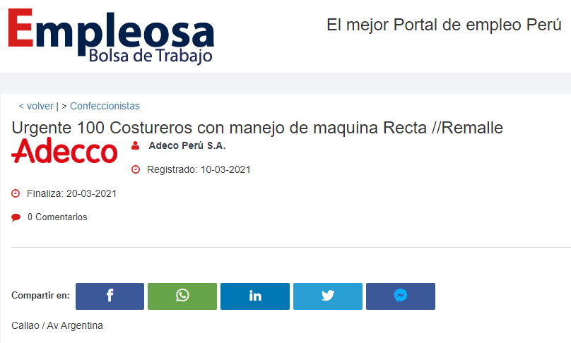 Urgente 100 Costureros con manejo de maquina Recta //Remalle