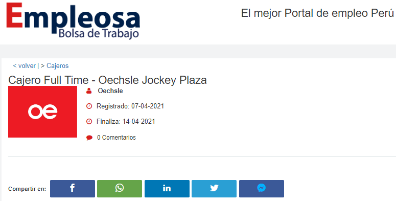 Cajero Full Time - Oechsle Jockey Plaza