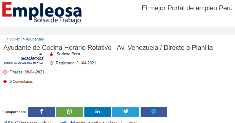 Ayudante de Cocina Horario Rotativo - Av. Venezuela / Directo a Planilla