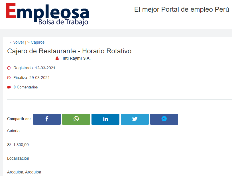 Cajero de Restaurante - Horario Rotativo