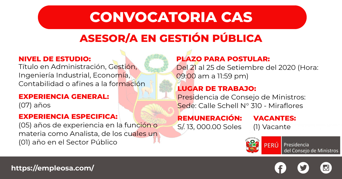 CAS N° 030: ASESOR/A EN GESTIÓN PÚBLICA Vacantes: 1