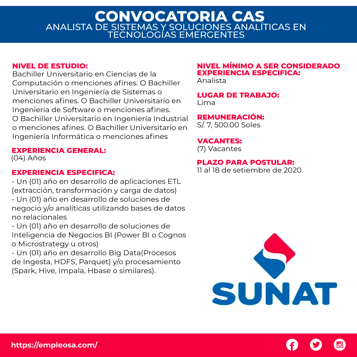 CAS N° 278: ANALISTA DE SISTEMAS Y SOLUCIONES ANALÍTICAS EN TECNOLOGÍAS EMERGENTES Vacantes: 7